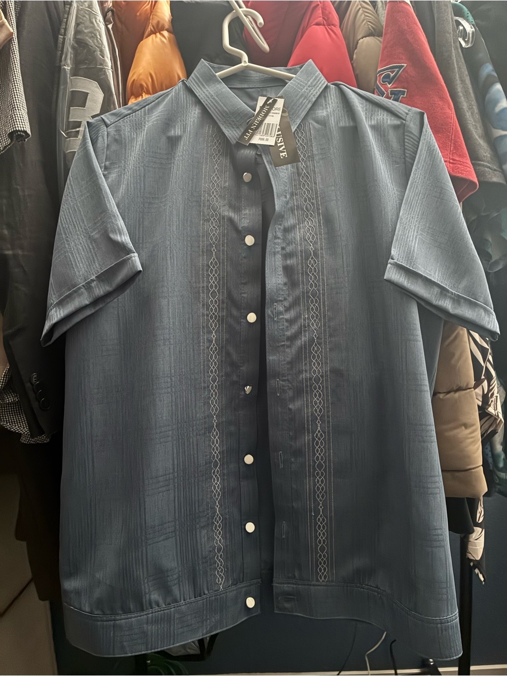 Men's Short-Sleeve Embroidered Button-Front Shirt - Blue